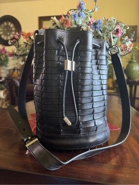 Alexander Wang Black Woven Leather Studded Drawstring Crossbody Bag